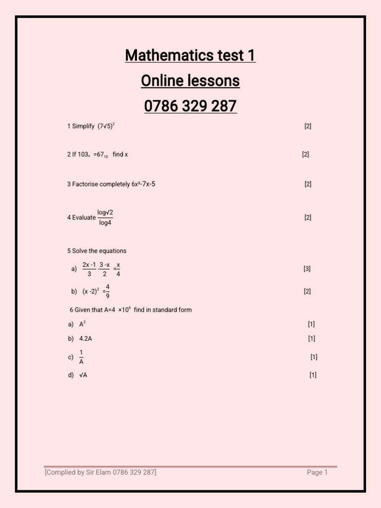 Mathematics Test 1 | PDF