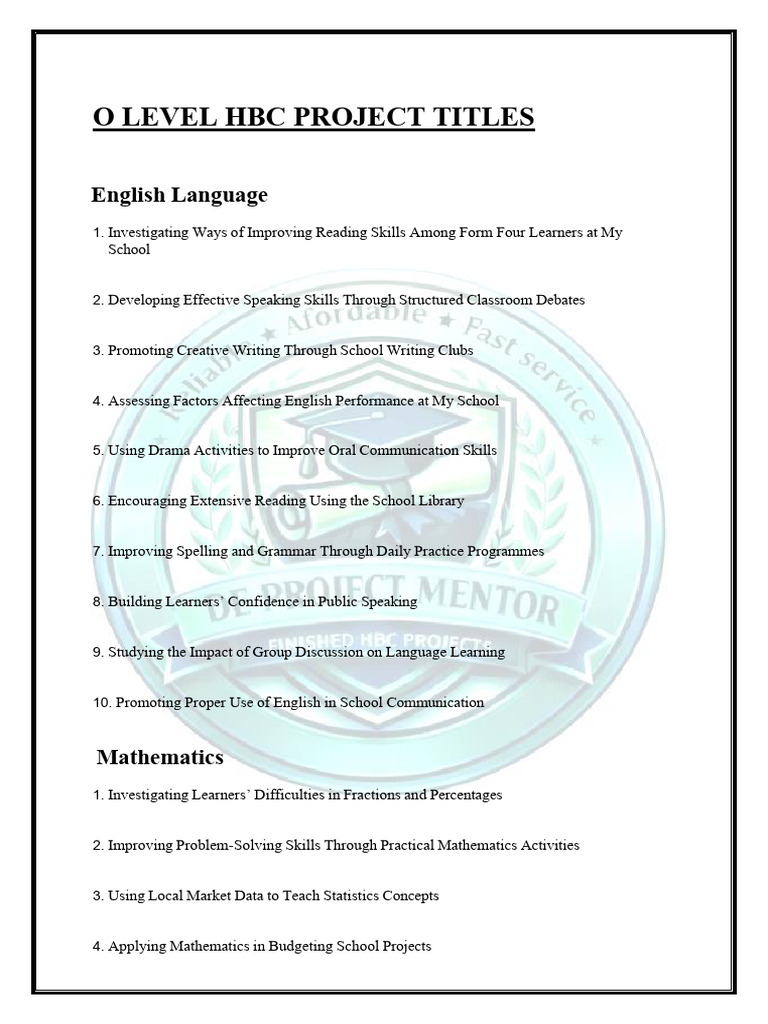 O Levels Project Titles (2026) - 023155 | PDF | Business | Zimbabwe
