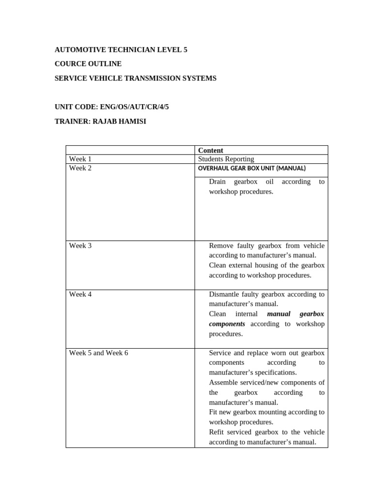 AUTOMOTIVE TECHNICIAN LEVEL 5 Course Outline | PDF | Manual ...