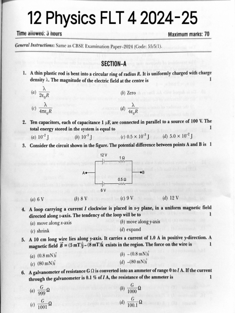 12 Physics FLT 4 2024-25 | PDF