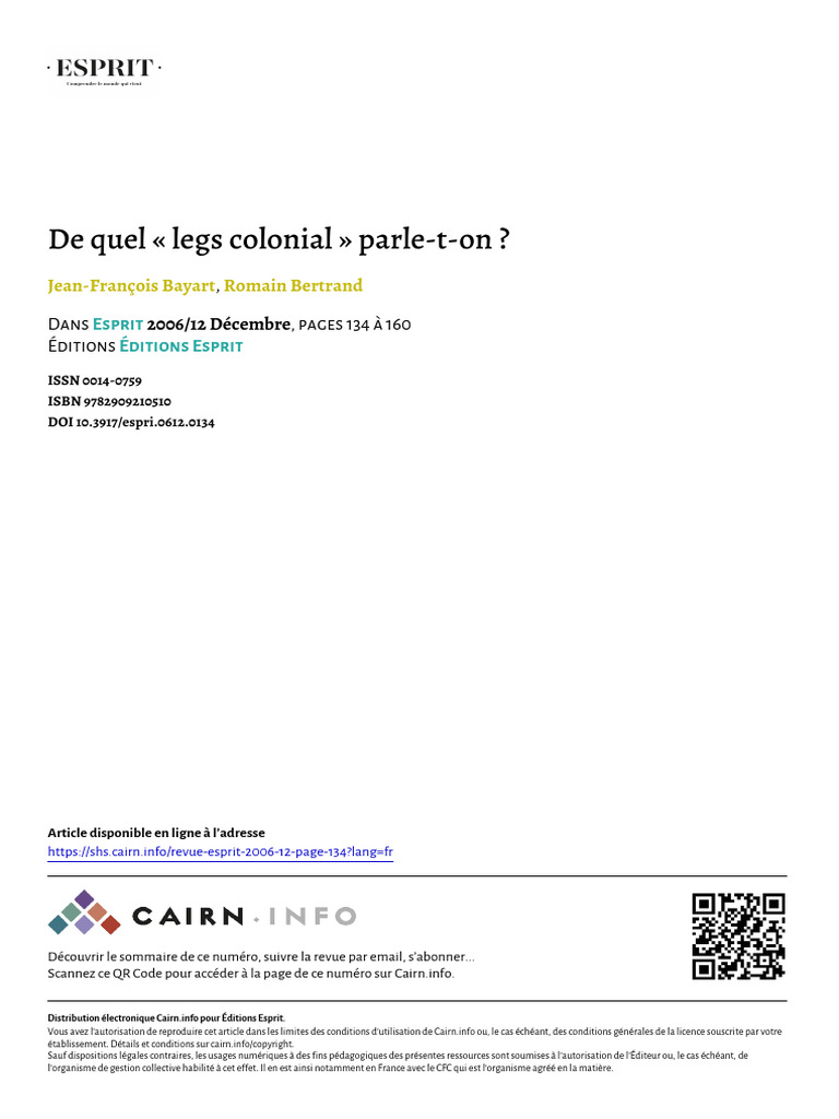 Bayart 2006 de Quel Legs Colonial Parle T On | PDF | Colonisation | Afrique