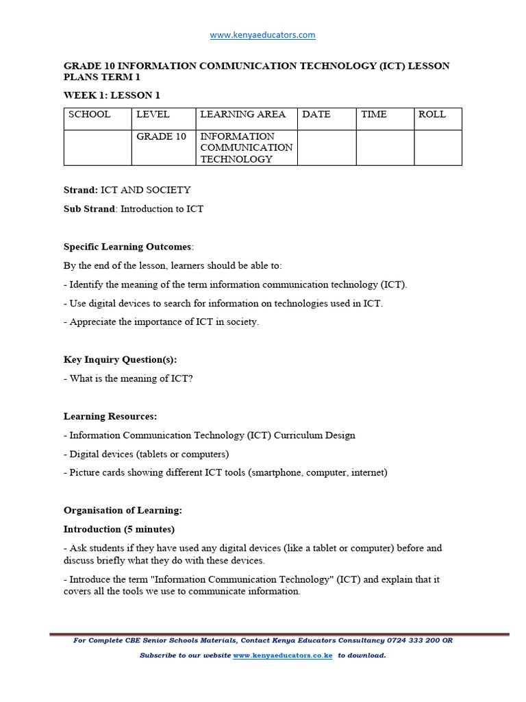 ICT Lesson Plan Grade 10 | PDF | Educational Technology | Information ...