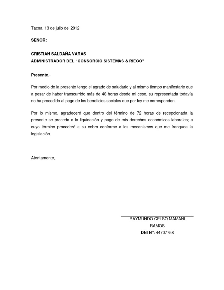 Modelo De Carta De Pago De Beneficios Sociales Pdf