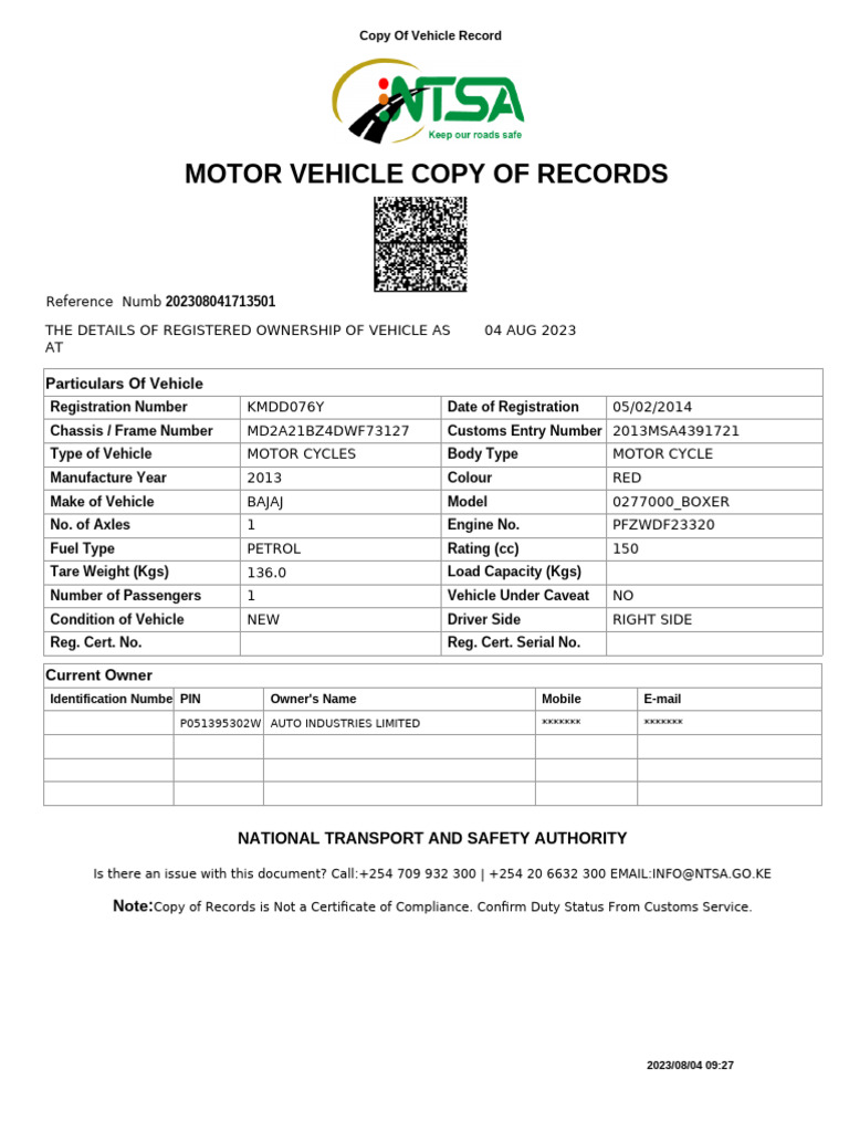 Motor Vehicle Copy of Records | PDF