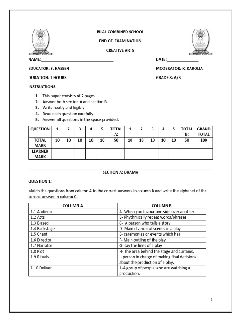 GRADE 8 November Exam Example | PDF