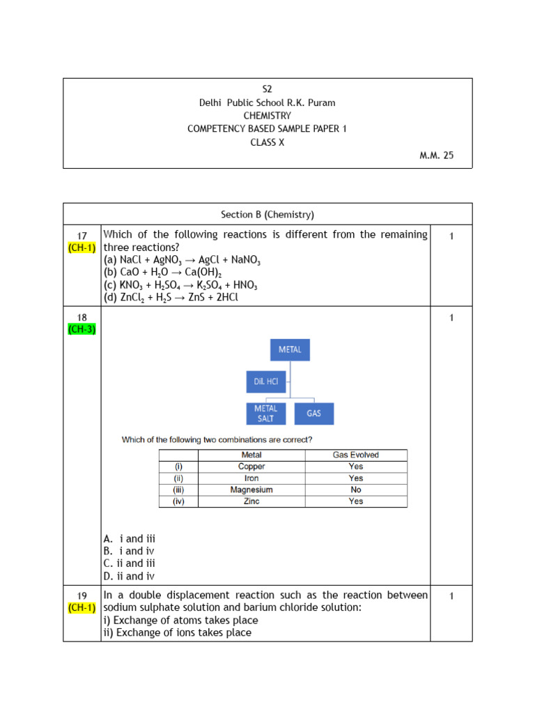 Chem - Sample Paper 1 - Competency Based Qs | PDF | Chemical Compounds ...
