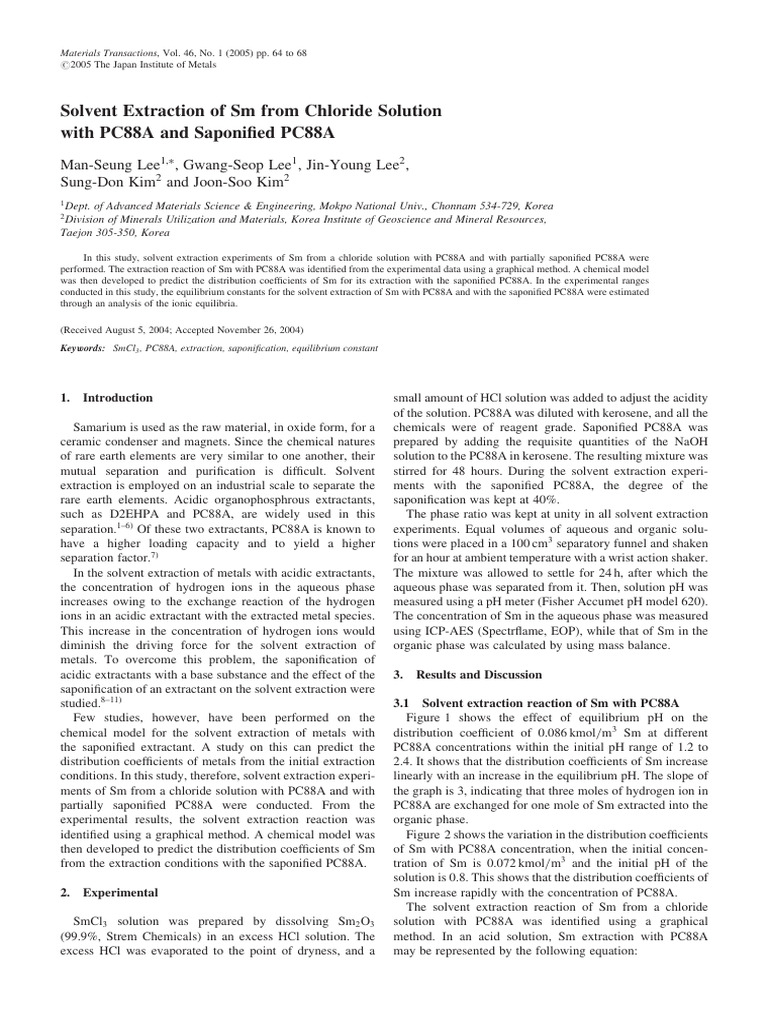 Solvent Extraction of SM From Chloride Solution With PC88A and ...