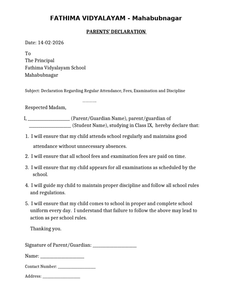 Fathima Vidyalayam Parents Declaration Bilingual | PDF