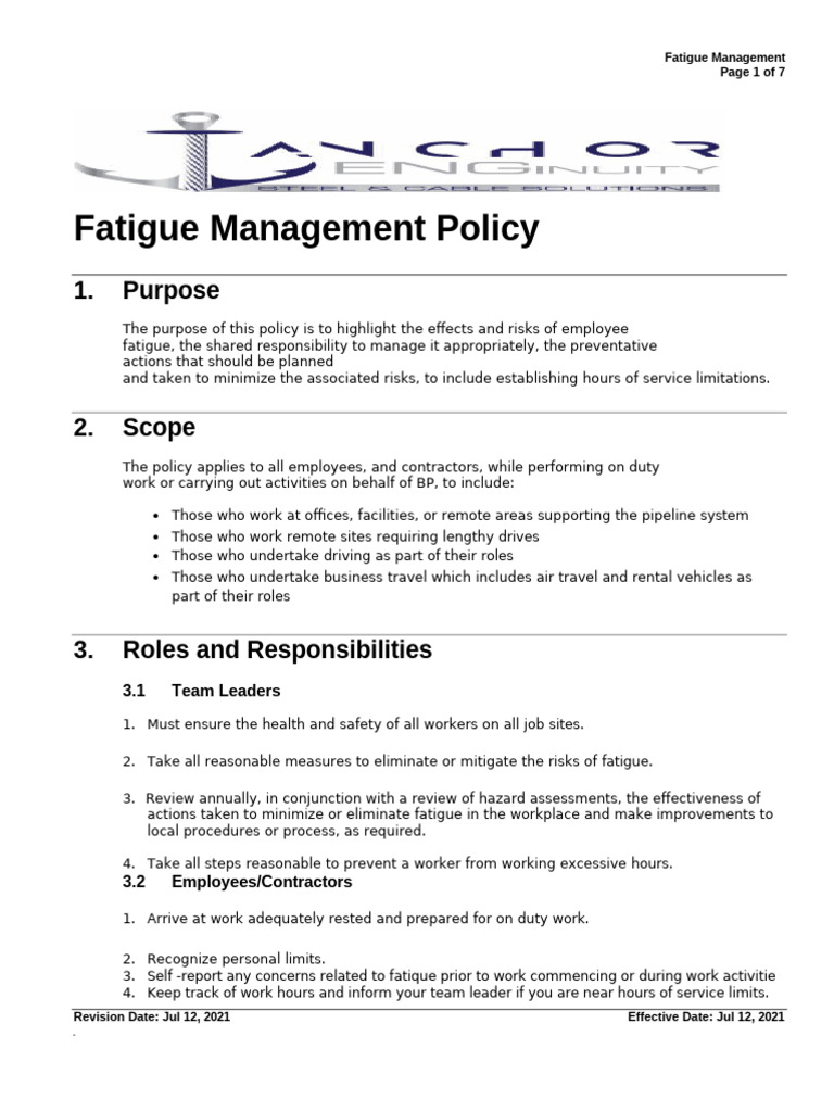 Fatigue Management Policy | PDF | Sleep | Diseases And Disorders