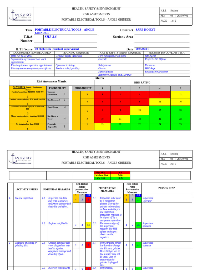 Angle Grinder Risk Assessment | PDF | Safety | Occupational Safety And ...