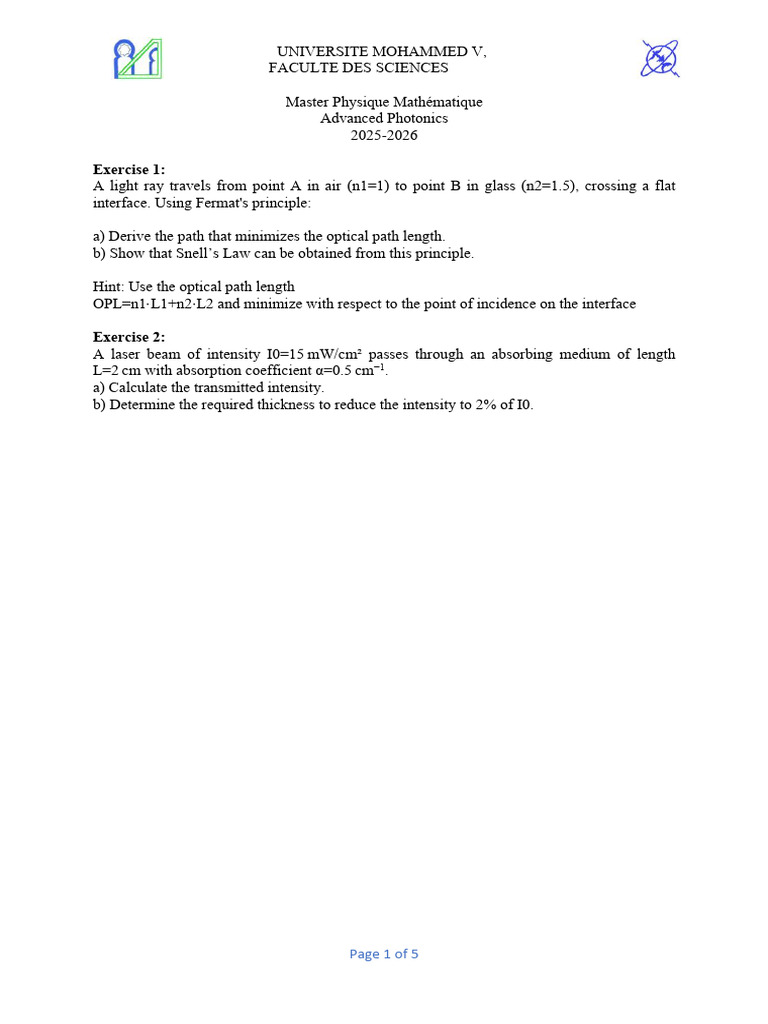 Exercises MasterPhotonics2026 | PDF | Diffraction | Waves
