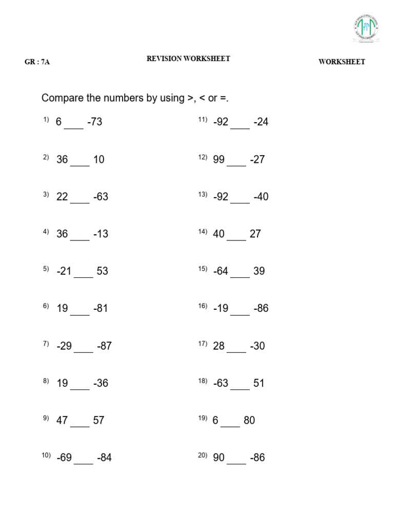 Grade 7 Revision Worksheet | PDF