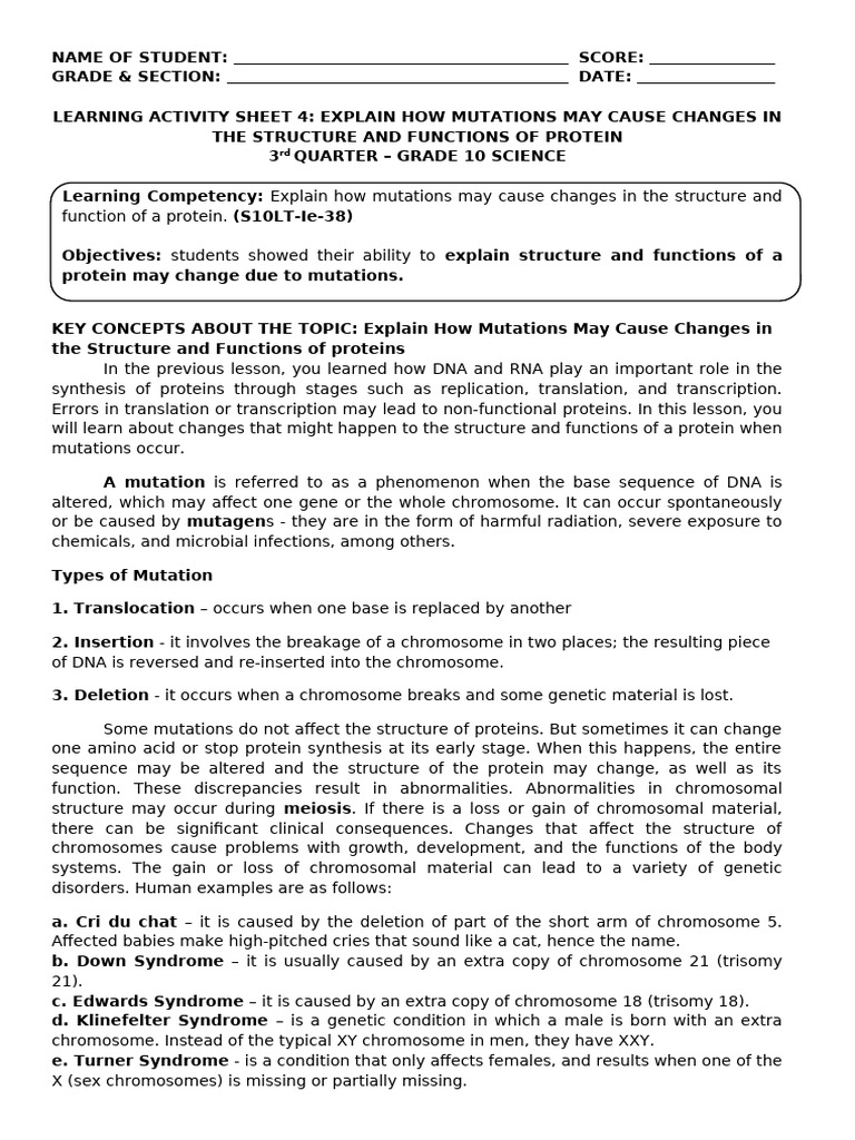 SCIENCE 10 LAS4 3rdquarter Revised | PDF | Mutation | Dna