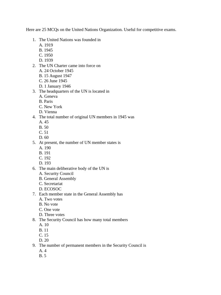 Here Are 25 MCQs On The United Nations Organization | PDF | United ...