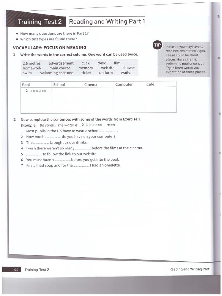 A2 KEY For Schools Trainer Exam 2 - Reading and Writing | PDF