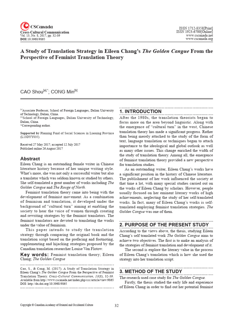 A Study of Translation Strategy in Eileen Chang's The Golden Cangue ...