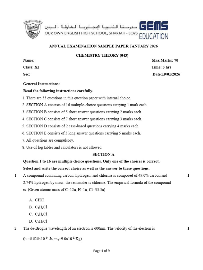 GR 11 Chem - Final Exam Sample Paper - Jan 2026 | PDF | Chemical ...