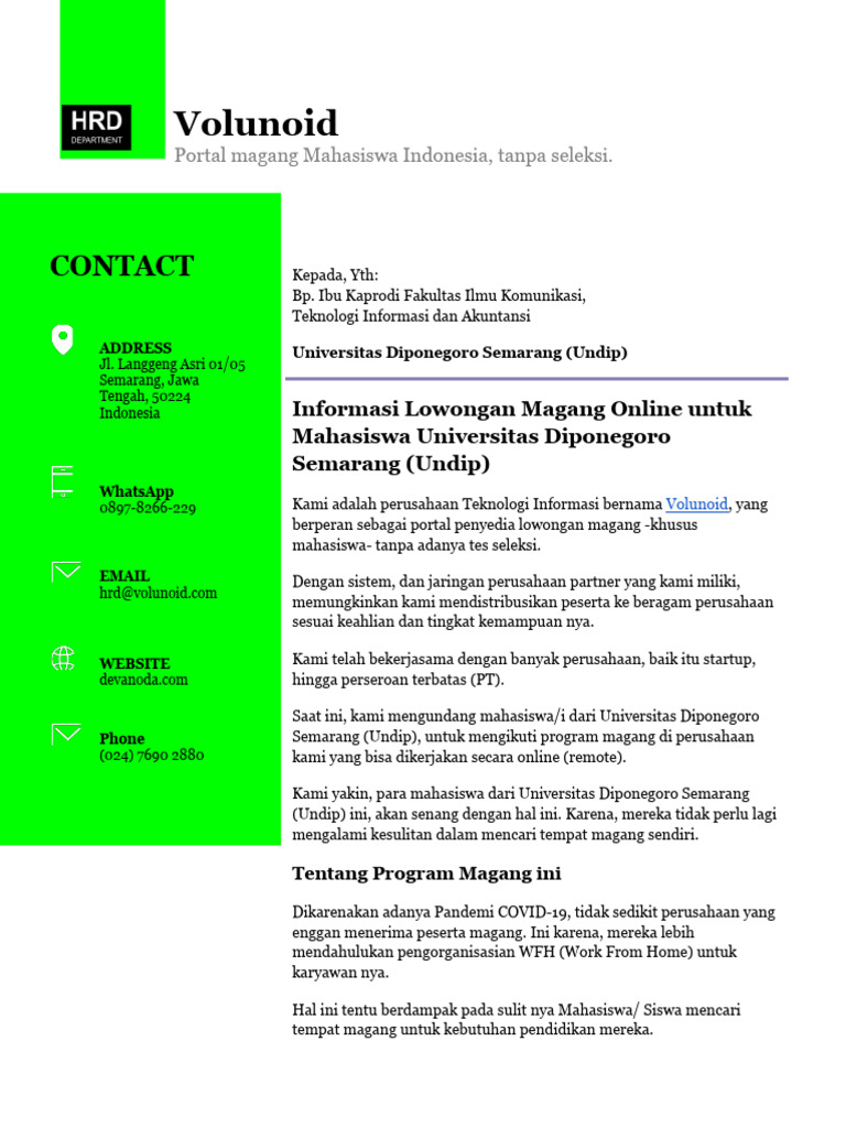 Surat Undangan Magang WFH Dari Volunoid Untuk Universitas Diponegoro ...