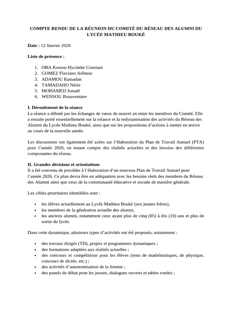 Compte Rendu Réunion Du Comité Du LMB Du 12012026 | PDF