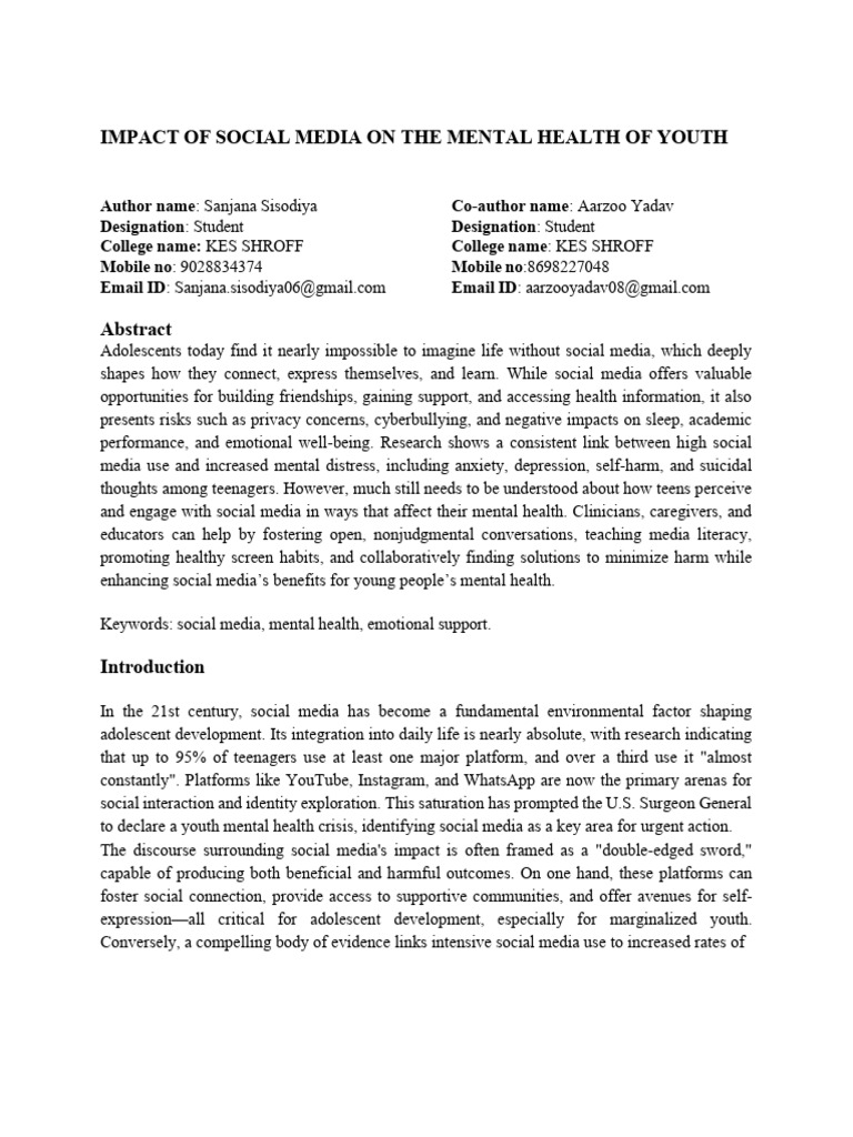 Impact of Social Media On The Mental Health of Youth | PDF ...