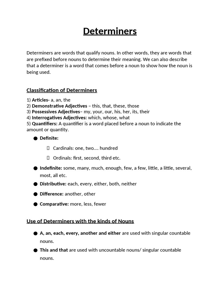Grammar Determiners - Notes | PDF | Plural | Noun