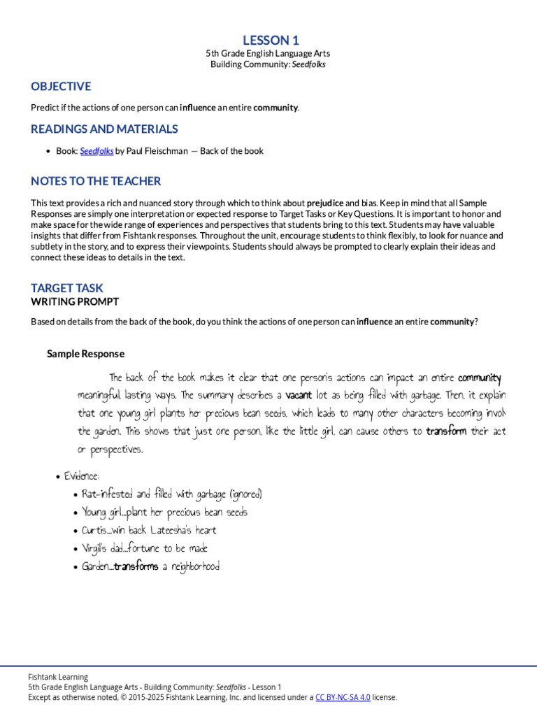 5th Grade Seedfolks Lessons | PDF | English Language | English Studies