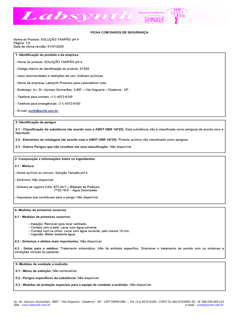 Solucao PH 4 - Tampão Buffer 4 Labsynth | PDF | Química