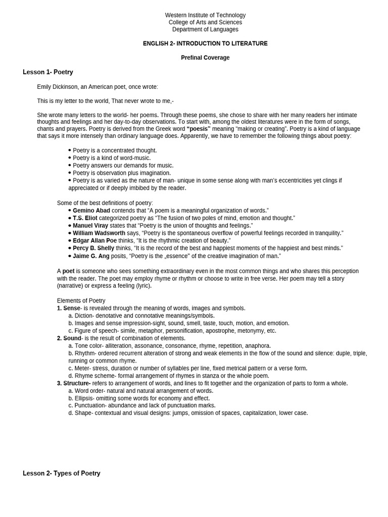 English 2 Compiled Notes PF | PDF | Poetry | Epic Poetry