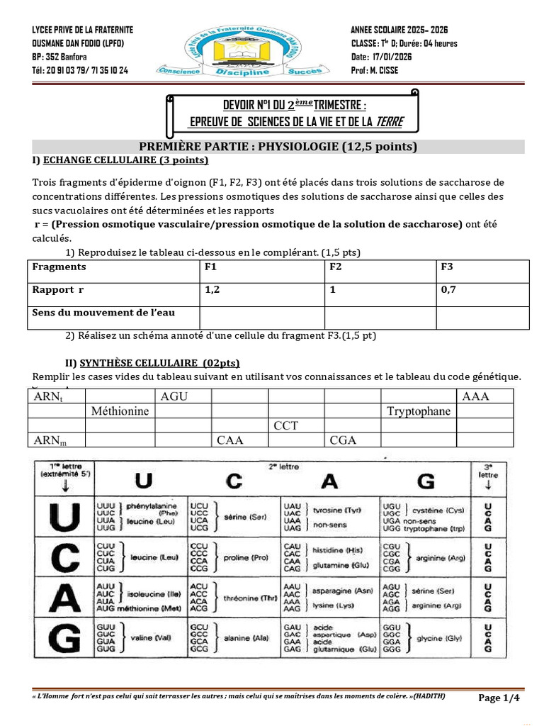 DEVOIR 1 - 2ème TRIMES - SVT - Tle - D - LPFO - JANV - 2026 | PDF ...