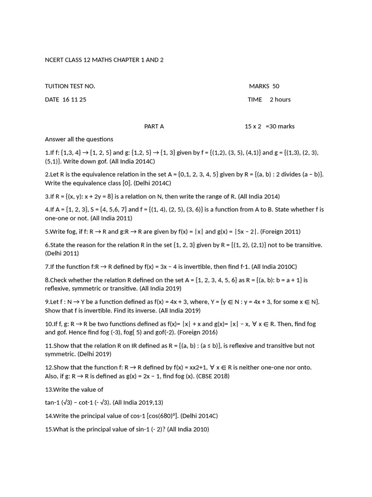 Ncert Class 12 Maths Chapter 1 and 2 Tuition Test No. DT 16 11 25 | PDF ...