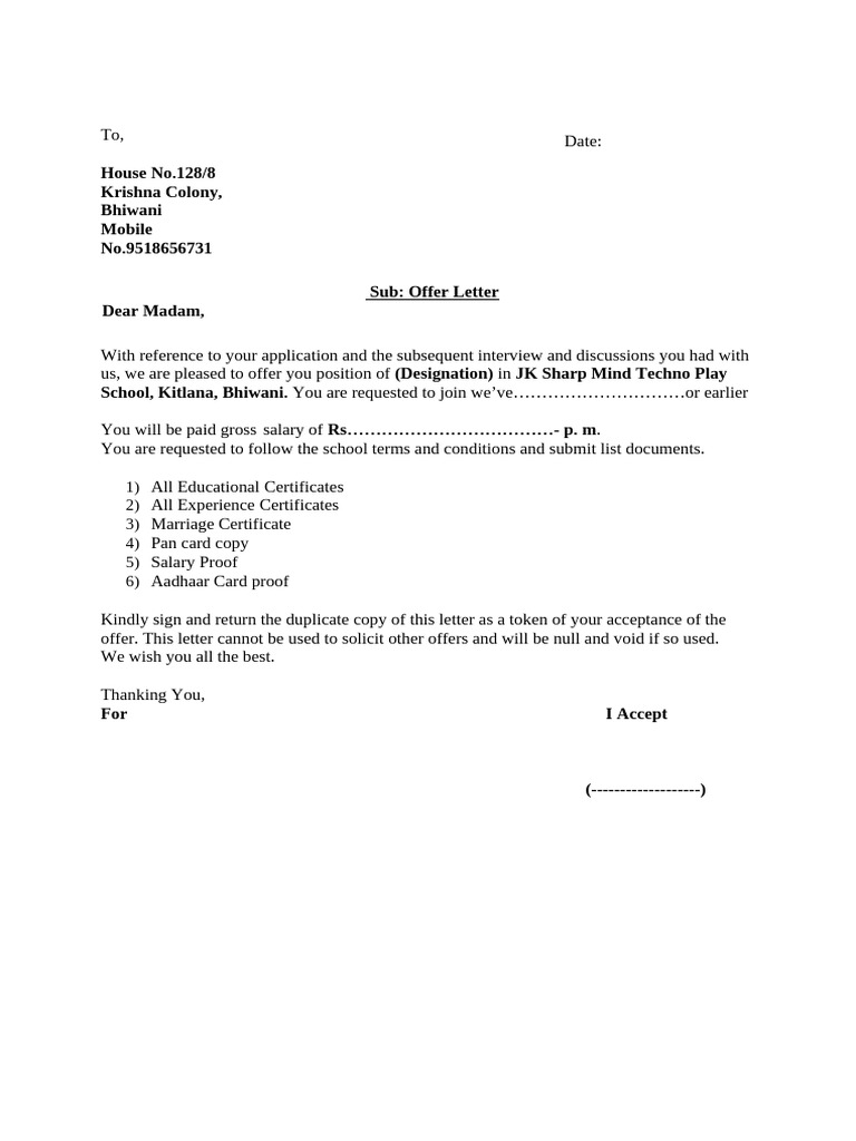 Dimple Mam Offer Letter | PDF