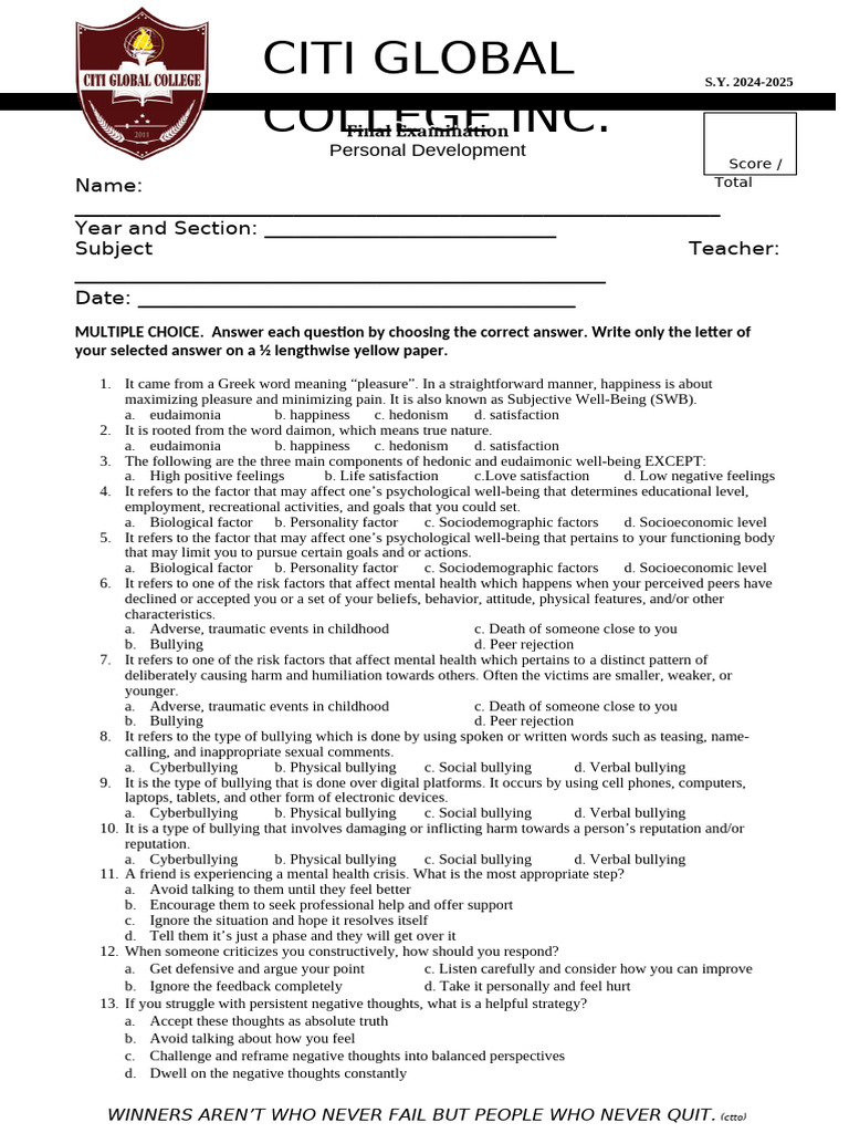 Perdev Final Exam | PDF | Emotions | Bullying