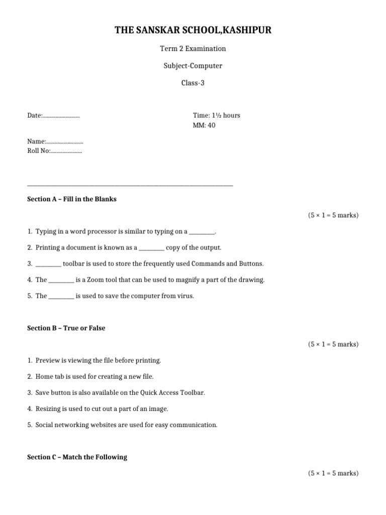 Class3 Computer Term2 Paper | PDF