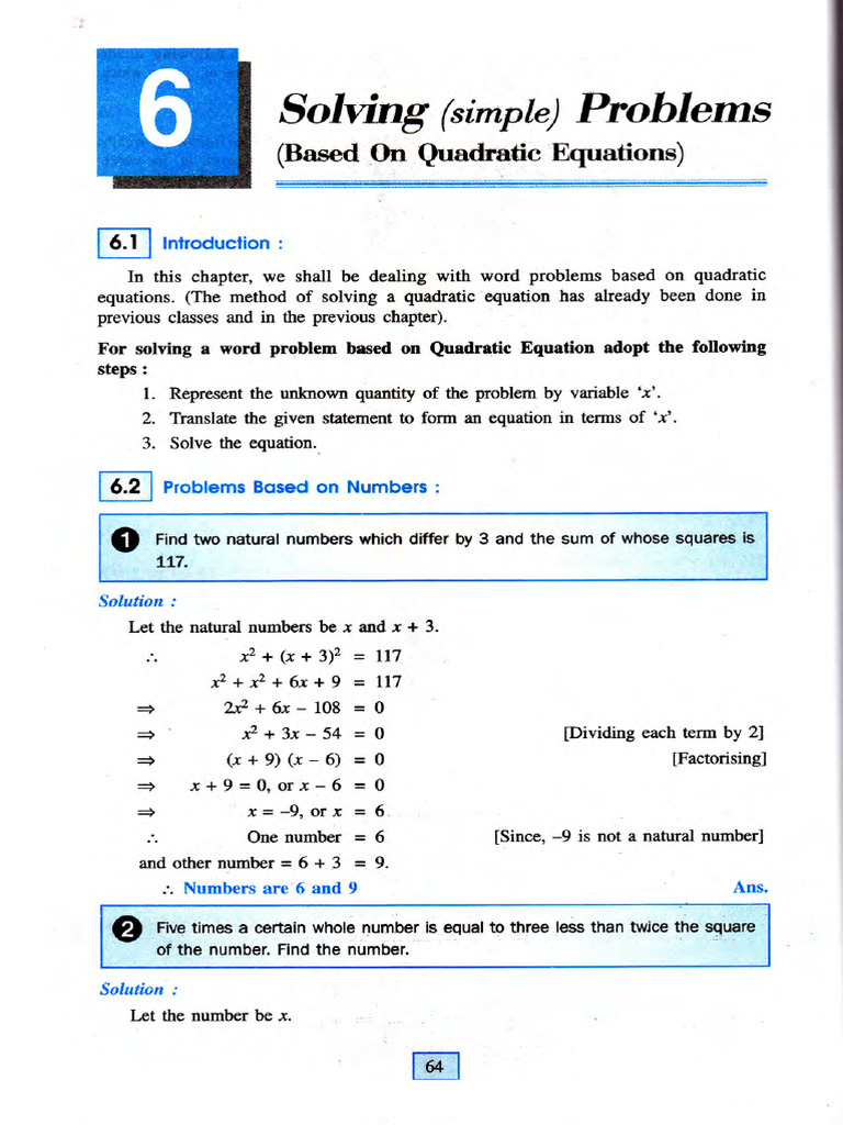 Chapter 6 Solving Simple Problems Based on Quadratic Equations | PDF