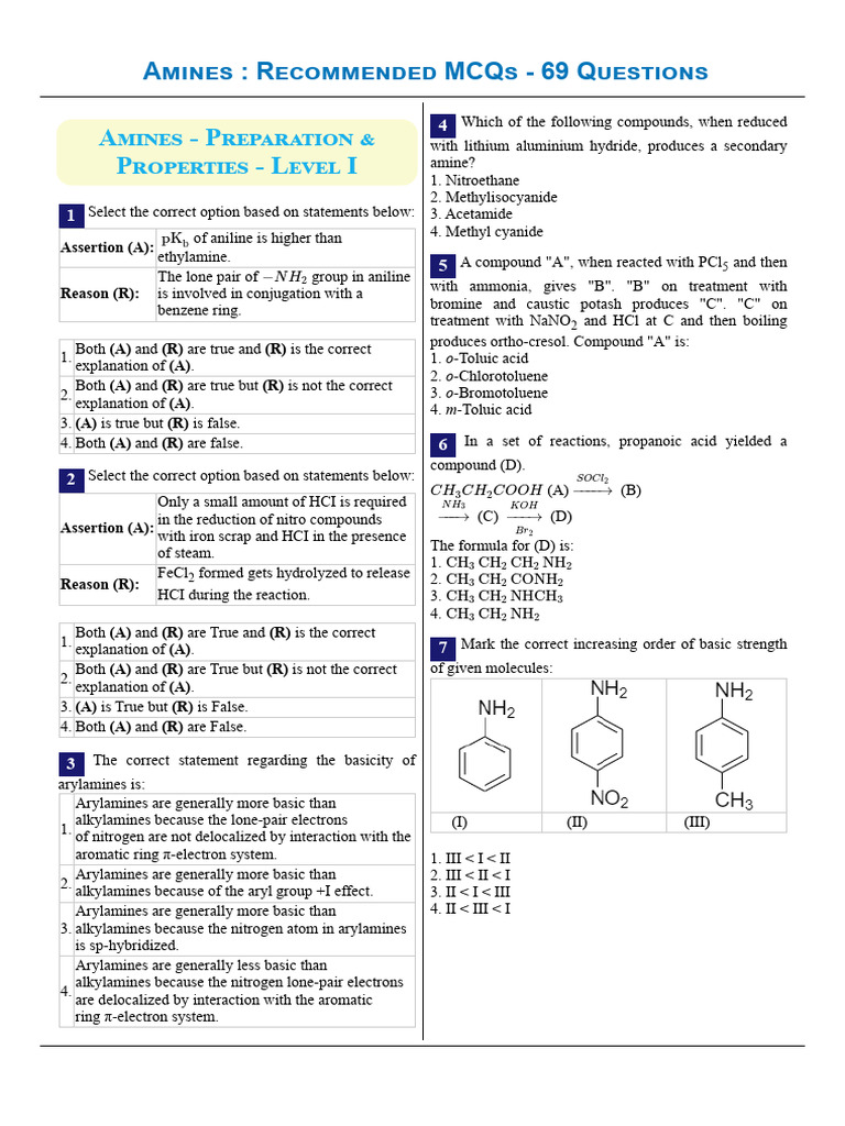 Amines - Recommended MCQs - 69 Questions | PDF | Amine | Chemistry