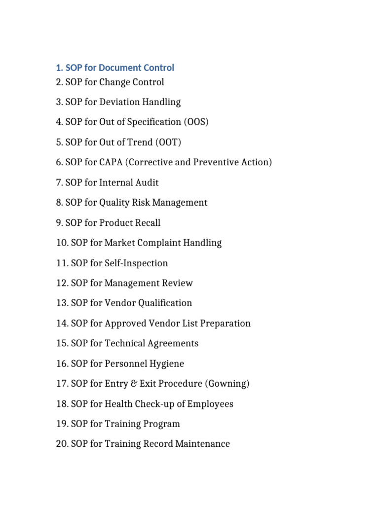 Schedule M SOP List Pharma Industry | PDF