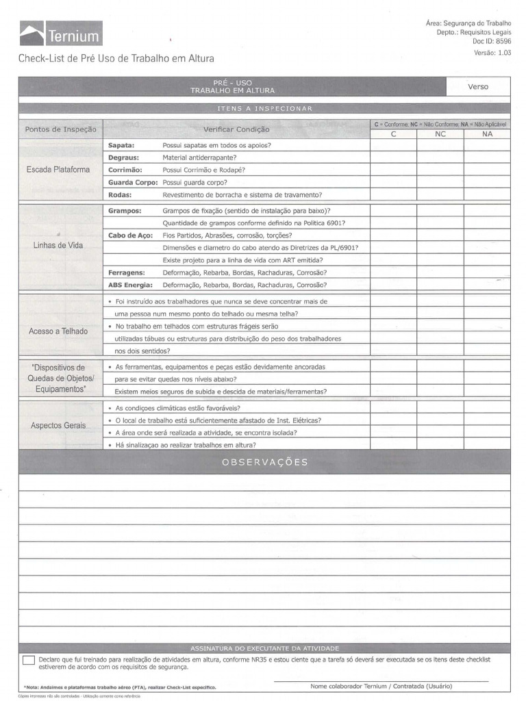 Check List de Trabalho em Altura | PDF