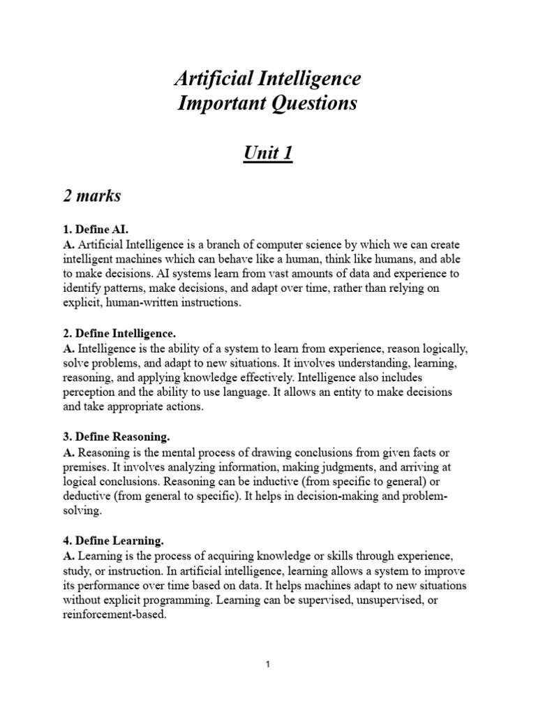 Artificial Intelligence All Units Important Questions | PDF ...