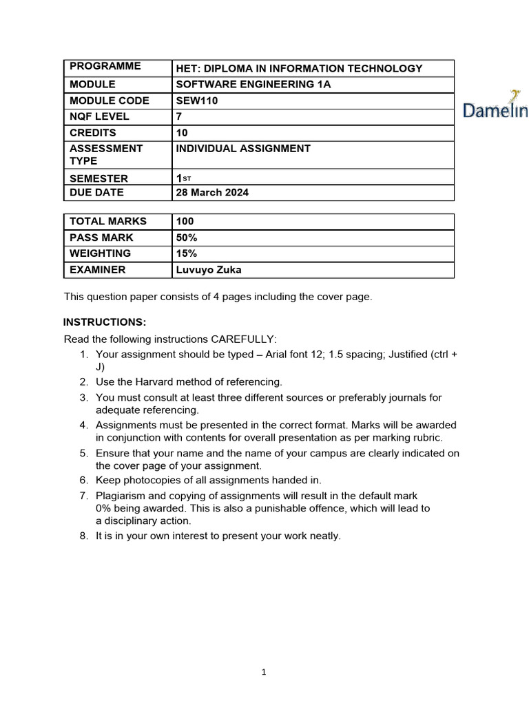 Software Engineering 1A Individual Assignment 2024 | PDF | Computing