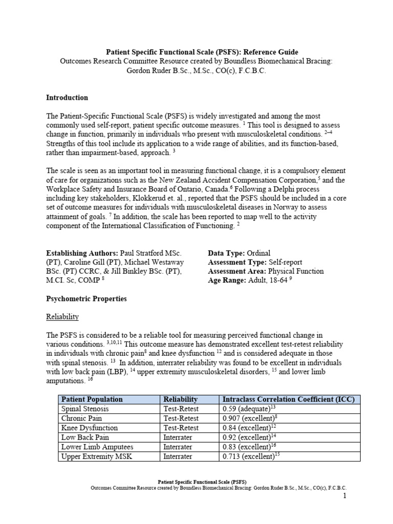Patient Specific Functional Scale PSFS | PDF | Physical Therapy | Back Pain