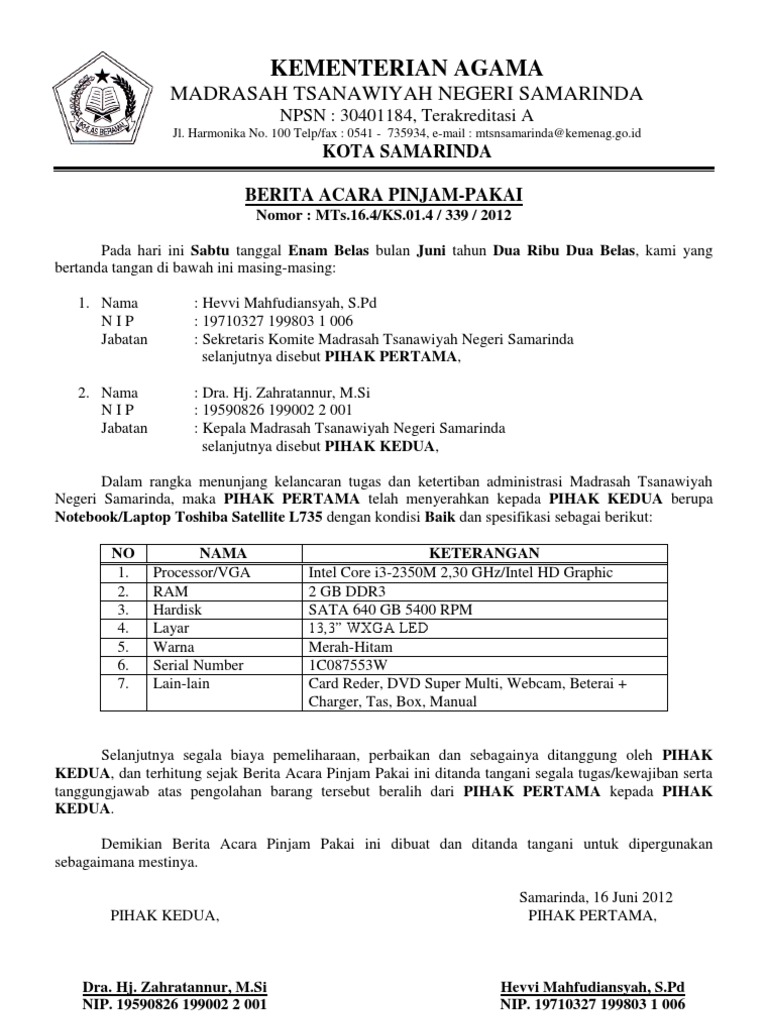 Contoh Format Surat Perjanjian Pinjam Barang