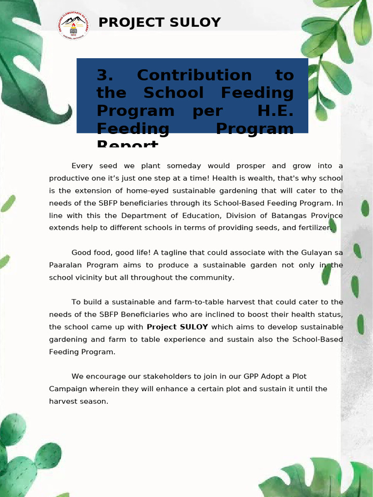 Contribution To The School Feeding Program Per H.E Feeding Program ...
