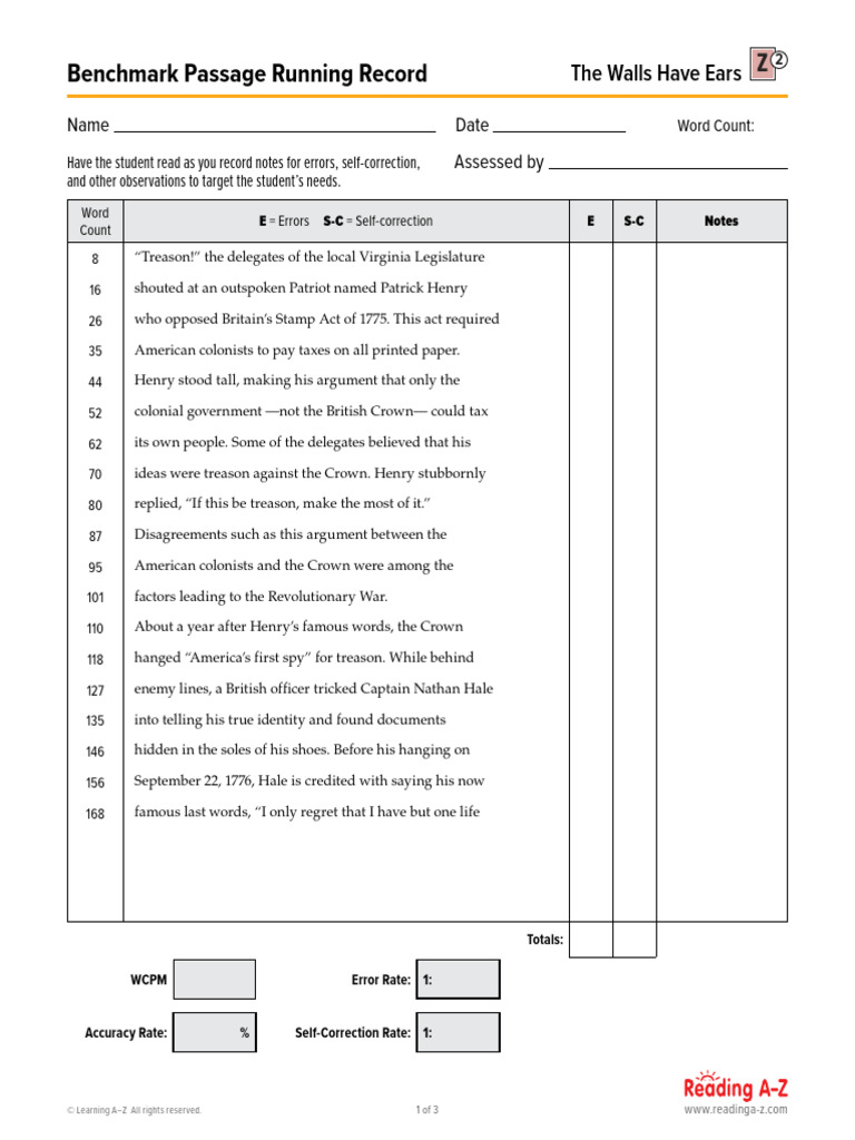 Walls Have Ears Benchmark Assessment Passage Running Record | PDF ...