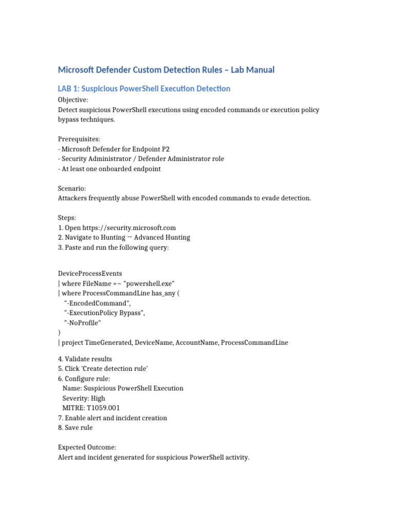 Microsoft Defender Custom Detection Labs | PDF