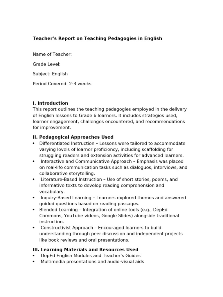 Teachers Report Teaching Pedagogies English | PDF