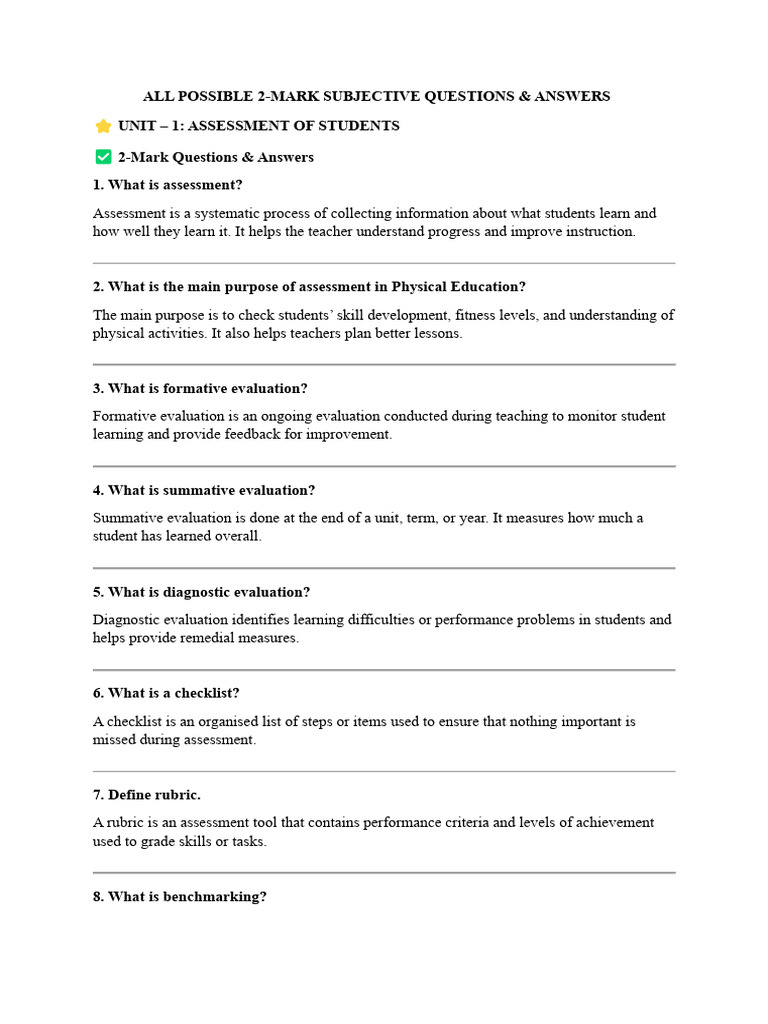 2 Marks Subjective Questions and Answer's | PDF | Educational ...