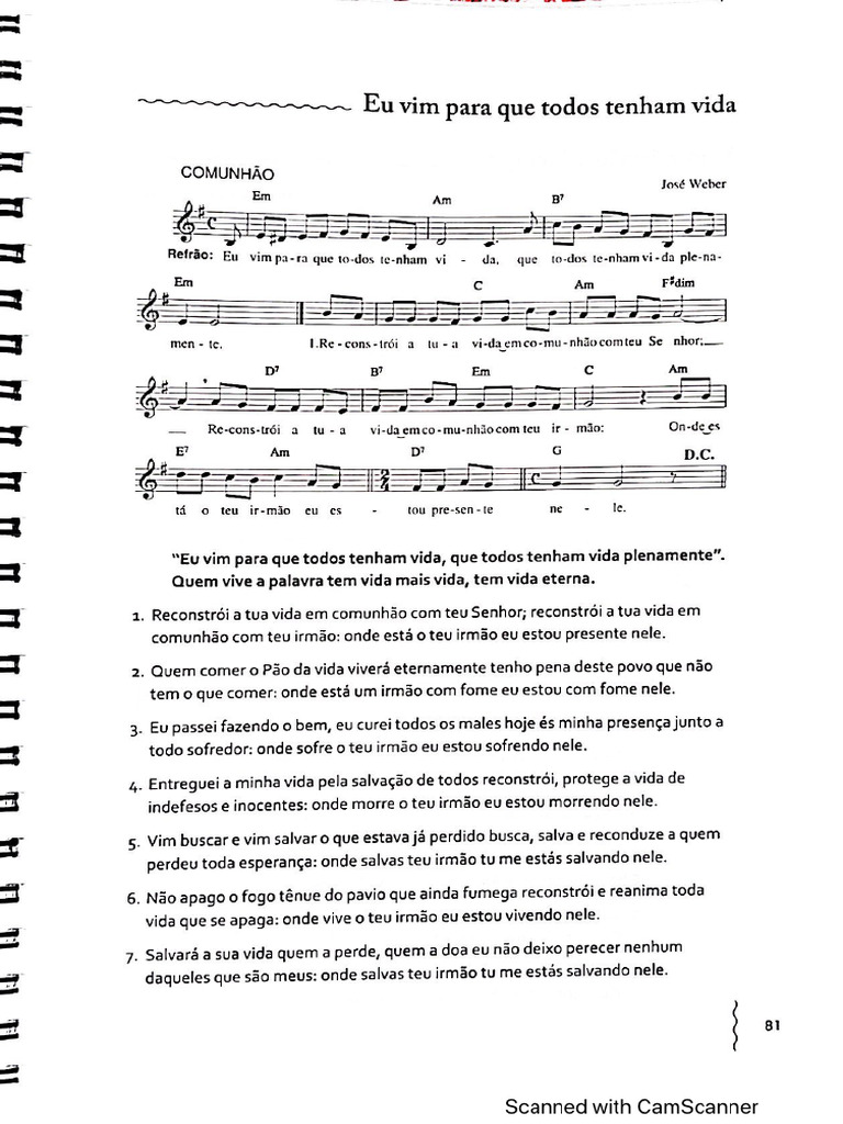 Partitura Eu Vim para Que Todos Tenham Vida 884624 | PDF