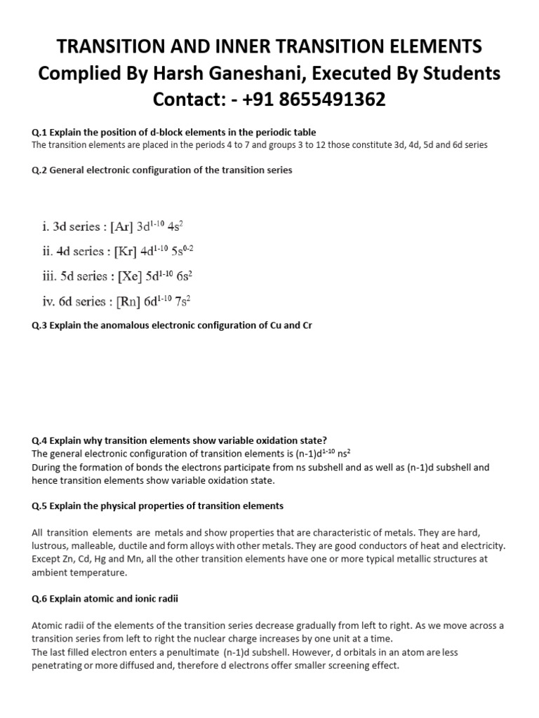 Transition Inner Transition Question Bank | PDF | Periodic Table ...
