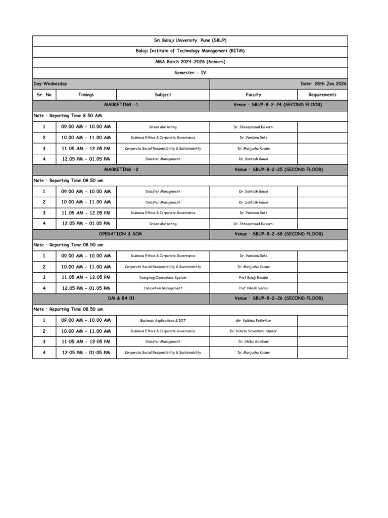 Seniors BITM Schedule Dated On 28th Jan 2026 | PDF | Business ...