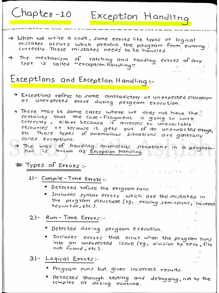 Exception Handling Class 12 Notes | PDF